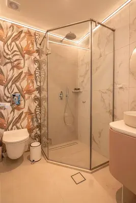 a bathroom with a shower and a toilet at Onar Villa - staying in comfort in Kissamos