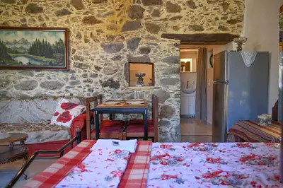 a living room with a table and a refrigerator at Stone house for relaxation in Elos in Kissamos