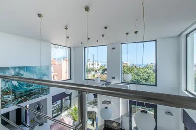 a view from the top of a building with windows at Crystal Waves lux villa-Homeleader in Chania Town