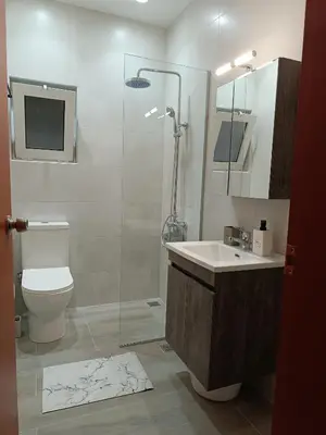 a bathroom with a shower and a toilet and a sink at Vrachakia Stylish in Ayiá