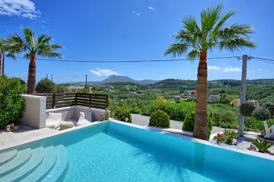 a swimming pool in a villa with palm trees at Villa Kostantina by PosarelliVillas in Plaka