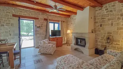a living room with a stone wall and a fireplace at Lemon Tree Villa with Private Pool and Starlink Internet in Frés