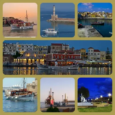 a collage of photos of a city and a boat at Atreas’ Art Studio in Chania Town