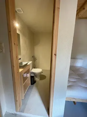 a bathroom with a bed and a toilet and a sink at Petres old village house in Áyios Ioánnis