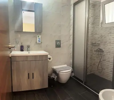 a bathroom with a sink and a toilet and a shower at Korina's Apartment in Daratso