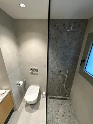 a bathroom with a shower with a toilet and a sink at GREEN ESTATE villas in Arménoi