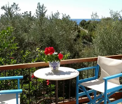 a table and two chairs and a vase of flowers on a balcony at Olive tree Cottages in Palaiochóra