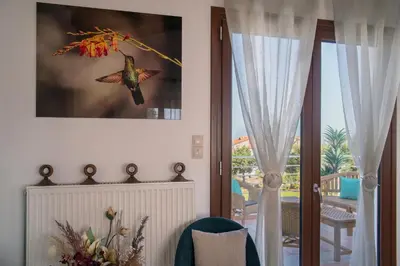 a room with a window and a picture of a bird on the wall at Al Aker Villa with private pool in Kalathas