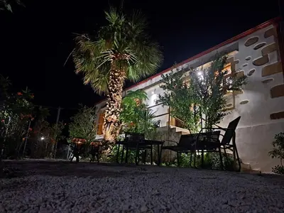 a palm tree in front of a building at night at Villa Nama in Kissamos