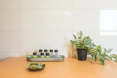 a counter with a tray of cosmetics and a plant at AnnaBoutique Villa Next to Beach Private Pool & BBQ in Kato Daratso