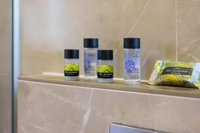 a shelf with three bottles of hair products on it at Anna Boutique Apartment in Kato Daratso