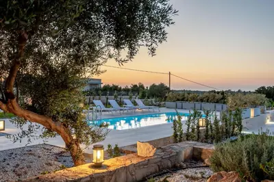 a swimming pool with lounge chairs and a tree at Iris by PosarelliVillas in Kounoupidhianá