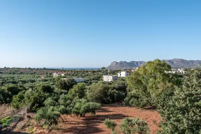 a view of a forest of trees with mountains in the background at Aelia by PosarelliVillas in Kounoupidhianá