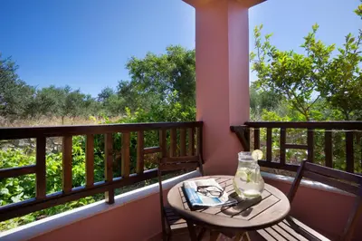 a table on a balcony with a view of trees at Villa Litsarda in Litsárdha