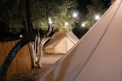 a white tent sitting next to trees at night at Camping Chania in Kato Daratso