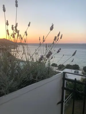 a view of the ocean from a wall with flowers at Cloudberry in Kalyves
