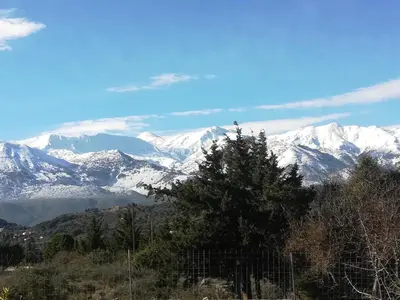 a view of snow covered mountains with a tree at Villa Lefki in Vamos