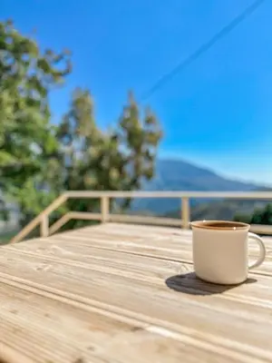 a coffee cup sitting on top of a wooden table at Mountain Bliss Guesthouse 1 next to Sougia in Agrilés