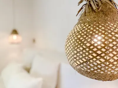 a brown basket hanging from a ceiling at Mountain Bliss Guesthouse 2 next to Sougia in Agrilés
