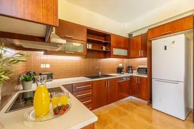 a kitchen with a white refrigerator and glasses of orange juice at Villa Nimertis in Xirokámbion
