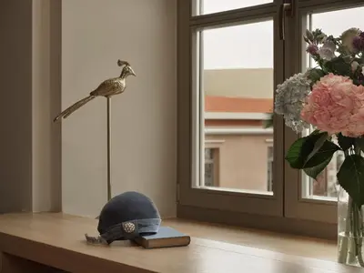 a bird sitting on a shelf next to a helmet at Domus Blanc Boutique Hotel in Chania Town
