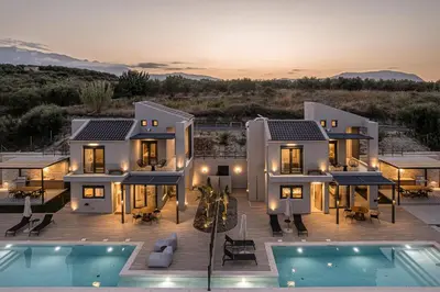 an aerial view of a house with a pool at Melanthia Villas in Tsivarás