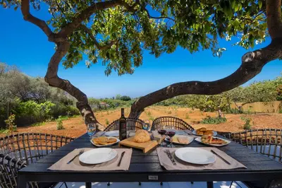 a table with food and wine on it under a tree at Villa Avo in Chania Town