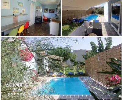 a collage of three pictures of a swimming pool at Micro_Ble vacation home in Ropanianá