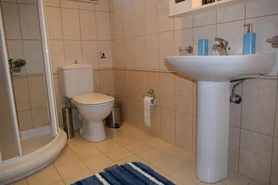 a bathroom with a white sink and a toilet at Villa Helidoni in Pondikianá