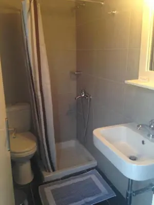a bathroom with a toilet and a shower and a sink at Sofia Rooms in Loutro