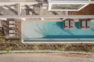 an overhead view of a swimming pool in a building at Villa Aora Falassarna Beach I New luxury villa with infinity pool in Falasarna
