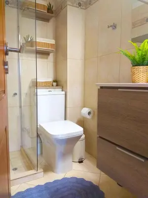 a bathroom with a toilet and a glass shower at Stelia Apartment Gerani in Ayiá