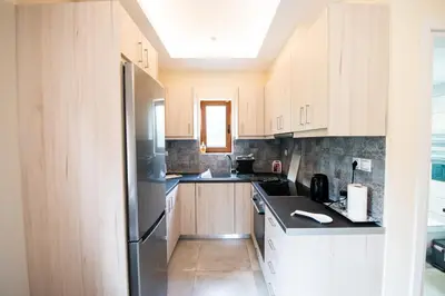 a kitchen with wooden cabinets and a stainless steel refrigerator at Aspro Apartments in Koprána