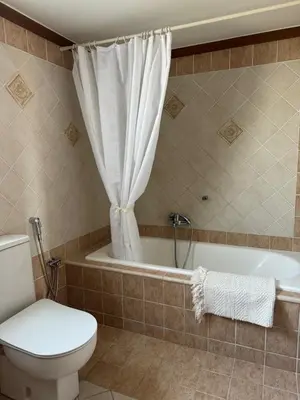 a bathroom with a toilet and a tub with a curtain at Primavera Retreat in Chania Town