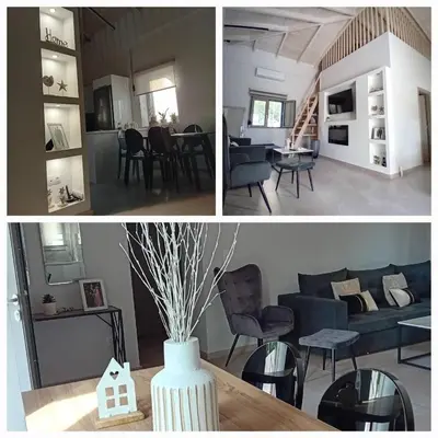 two pictures of a living room and a dining room at EVAMAR, Premium Living in Chania Town