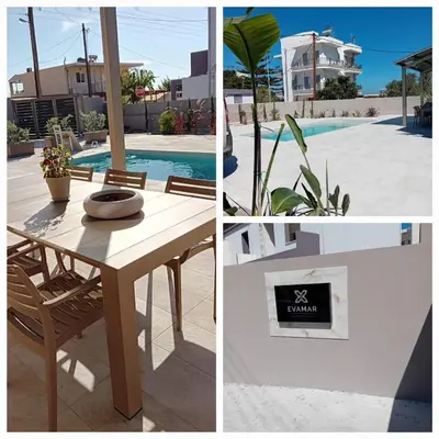 two pictures of a dining table and a pool at EVAMAR, Premium Living in Chania Town