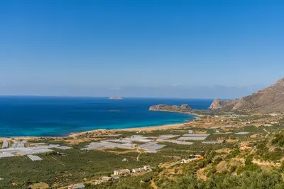 an aerial view of the ocean and a beach at Villa Smaragdi - Private Sea View Villa in Falasarna