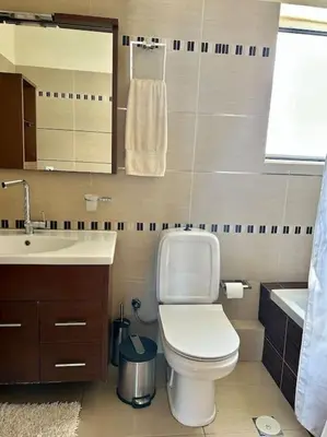 a bathroom with a white toilet and a sink at Sea View Apartment #1 in Ayiá