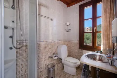 a bathroom with a toilet and a shower and a sink at Villa Katerina with Eco heated pool in Spiliá