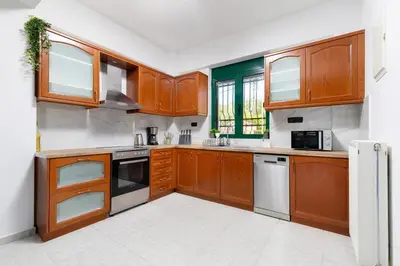 a large kitchen with wooden cabinets and appliances at Villa Giannari in Stalos