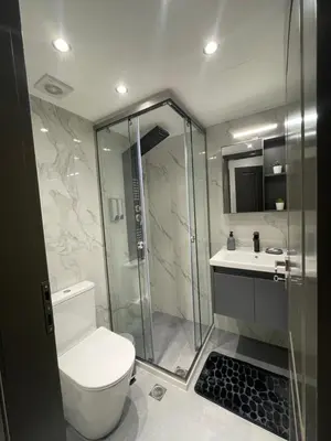 a bathroom with a shower and a toilet and a sink at Rouan studios 1 in Souda