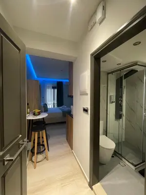 a bathroom with a shower and a toilet in a room at Rouan studios 1 in Souda