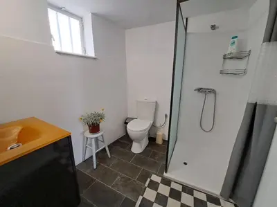 a bathroom with a toilet and a sink and a shower at Η αυλή της Ασπασίας, Χανιά Κρήτη in Lákkoi