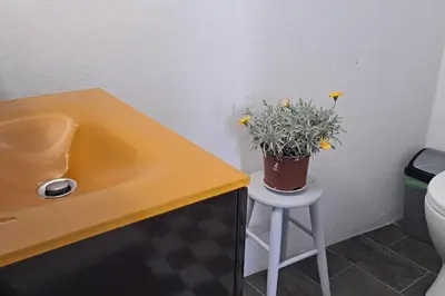 a bathroom with a yellow sink and a potted plant on a stool at Η αυλή της Ασπασίας, Χανιά Κρήτη in Lákkoi