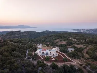 an aerial view of a house on a hill at Villa Annie Crete - Private Luxury Villa with Sea and Mountain Views in Tsivarás