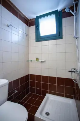 a bathroom with a toilet and a window at Chania Paradise Retreat in Rodhopós