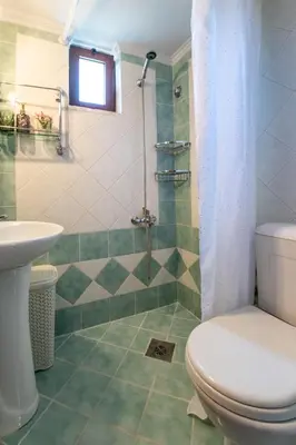 a bathroom with a toilet and a shower at Natalia's Apartment in Tavronitis in Tavronitis