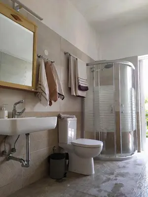 a bathroom with a toilet and a shower and a sink at Banana Leaves Flat in Chania Town