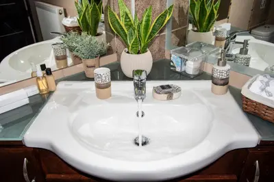 a white sink in a bathroom with potted plants at Socrates Holidays Apt. 1 with Pool near the Beach in Kamisianá