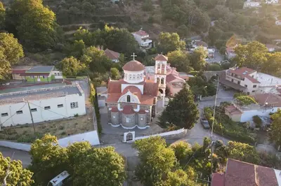 an aerial view of a church in a small town at VALENA STYLISH HOME (15 min TO ELAFONISI BEACH) in Élos